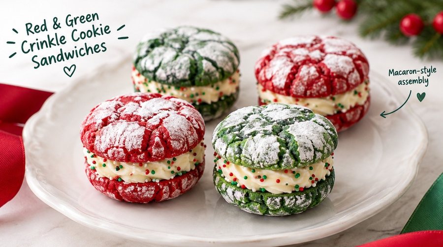 Concept image of red and green crinkle cookie sandwiches filled with cream cheese frosting and sprinkles