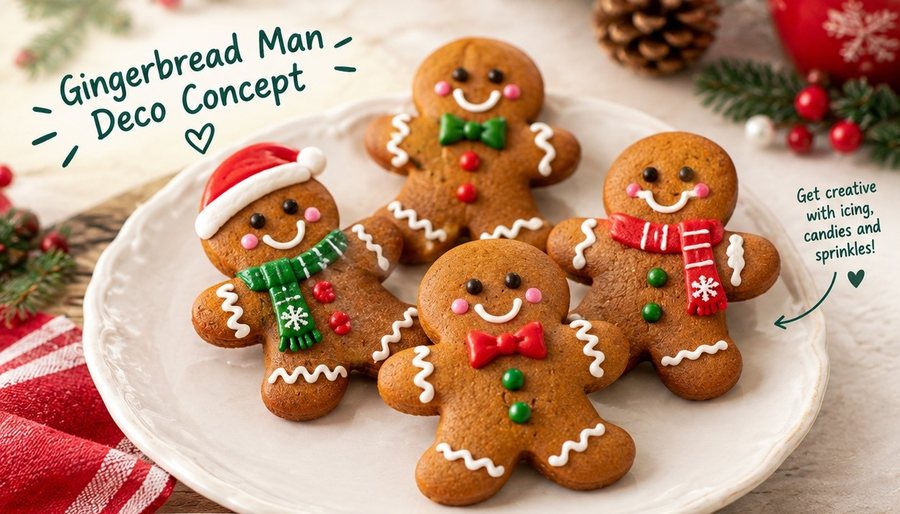 Concept image of decorated gingerbread man cookies on a plate with icing, scarves, bow ties and sprinkles