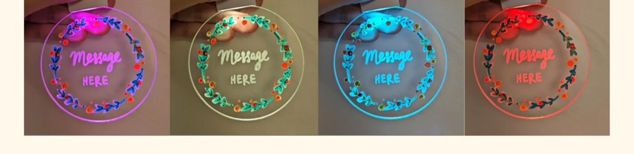 Light-Up Tag acrylic ornament glowing in four different colours