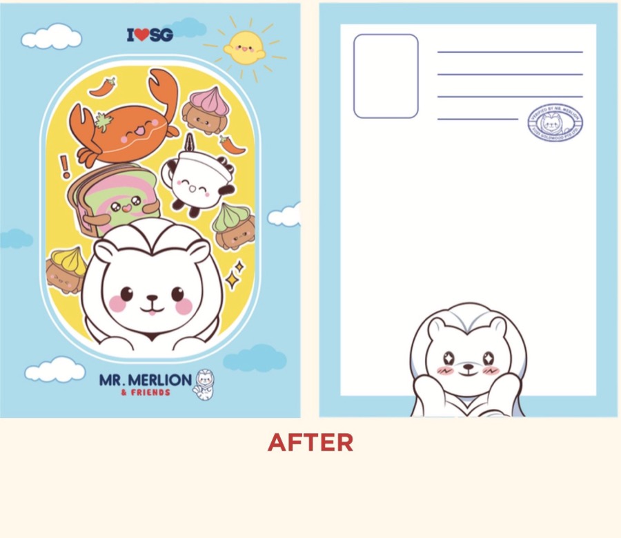 Illustrated Mr. Merlion postcard showing the completed Stamp Rally Challenge design