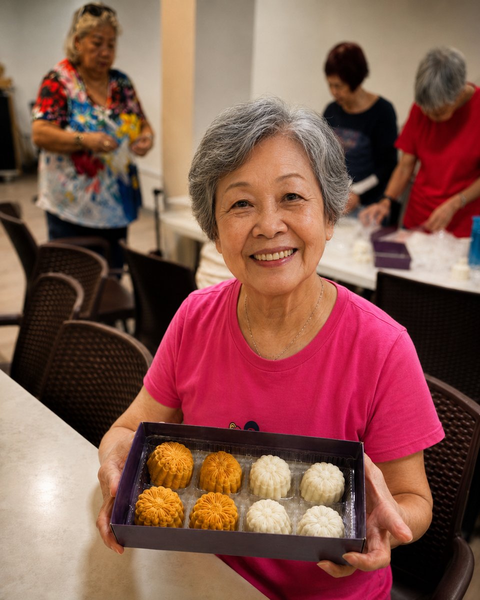 A participant proudly holding the boxed mooncakes she made at an Edufarm mooncake making workshop