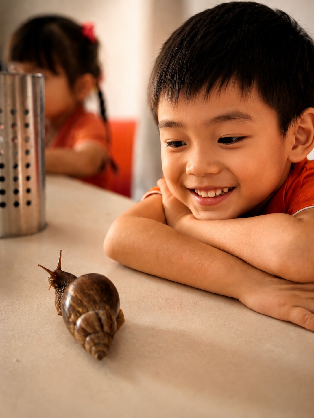 An Edufarm child participant holding up a snail with a delighted expression during the snail farm tour